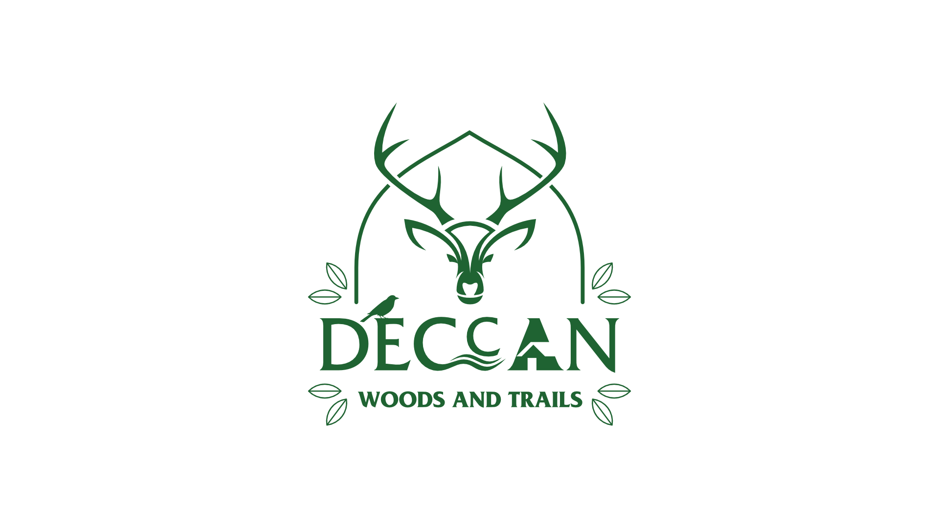 A Gothic arch, a stylized deer face, and foliage come together to create the logo. The background features a Gothic arch, which is common in the Deccan region and represents both a hideaway destination in the woods and a warm namaskaram greeting. In addition, it also represents a refuge from the urban chaos. The visual representation of leaves, which stands in for the surrounding flora, completes the logo. The title ‘DECCAN WOODS AND TRAILS’ is placed below the logo form; A bird, a stream, and a shack are blended with the title to suit the visual form above.	The logo is presented in a green color for its association with nature.